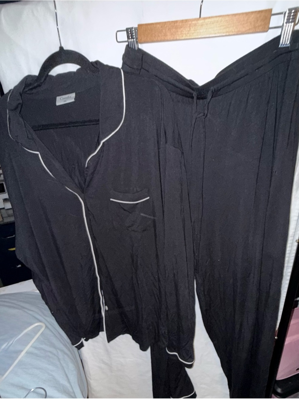Comfrt Luna Long sleeve Pant PJ set  Black with White Piping